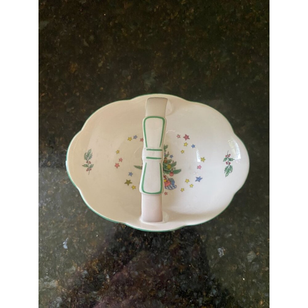 Nikko Christmastime 4" High Candy Dish with Bow Handle, Japan, 1987